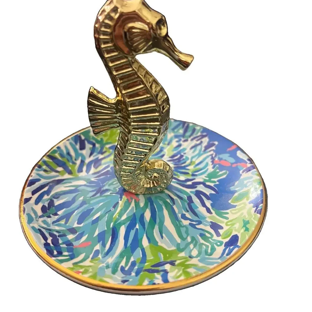 Lilly Pulitzer Ring Holder, Wade And Sea Jewelry Trinket Dish With Gold Seahorse